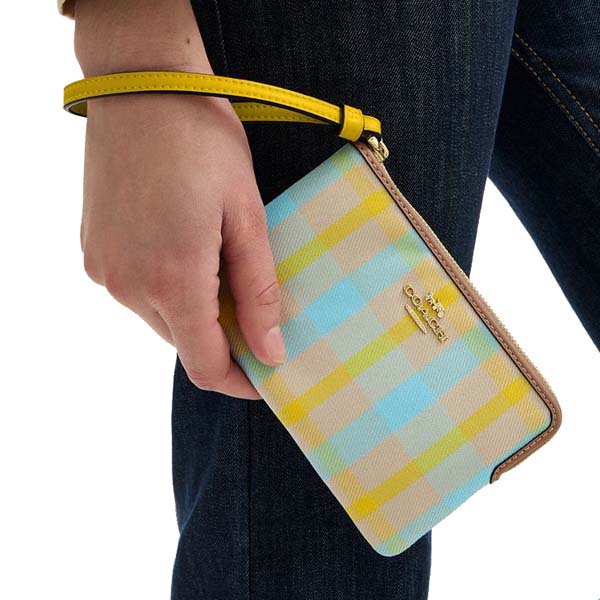 Coach Corner Zip Wristlet With Plaid Print Bright Maize Multi # CBP18