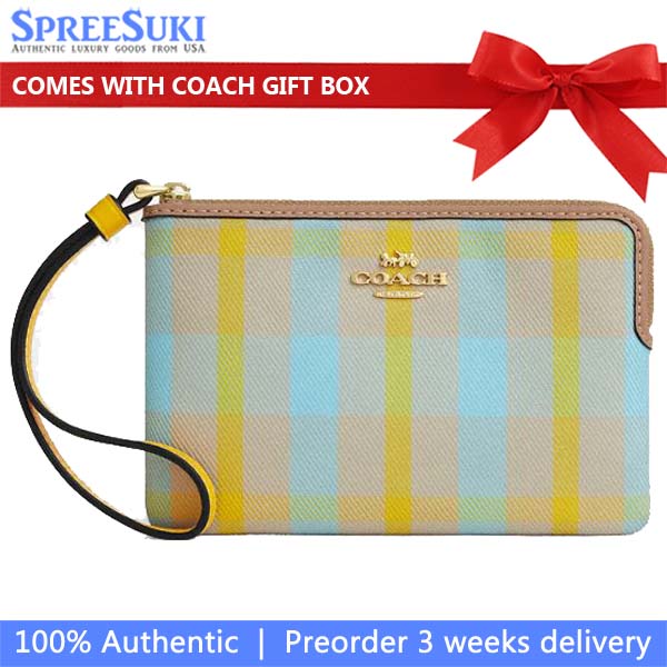 Coach Corner Zip Wristlet With Plaid Print Bright Maize Multi # CBP18