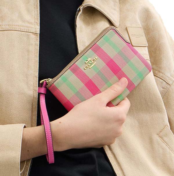 Coach Corner Zip Wristlet With Plaid Print Pink Multi # CBP18