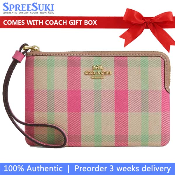 Coach Corner Zip Wristlet With Plaid Print Pink Multi # CBP18