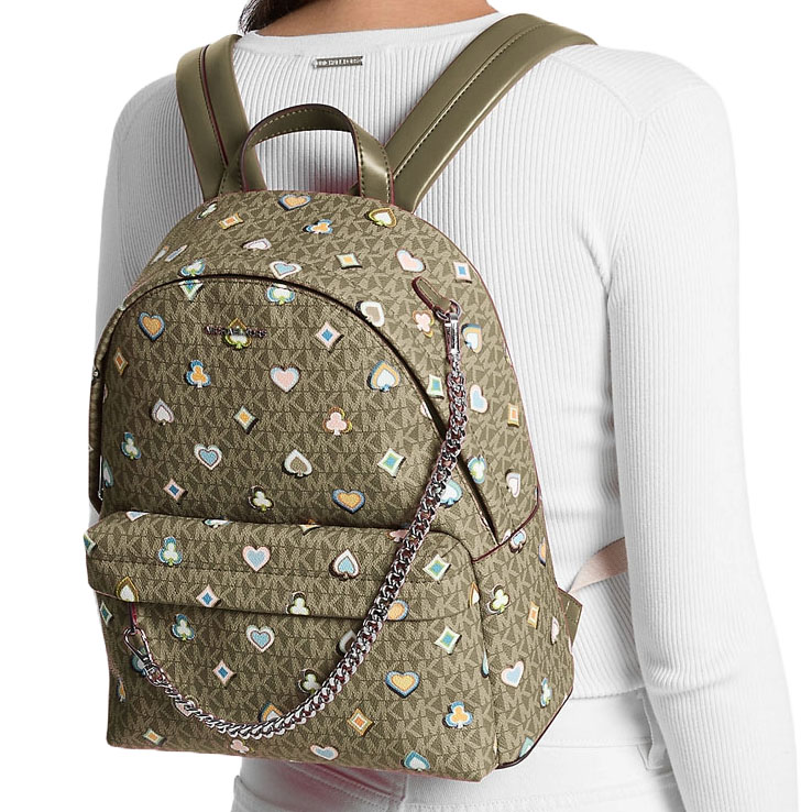 Michael Kors Slater Medium Printed Signature Logo Backpack Olive # 35F5S04B6I