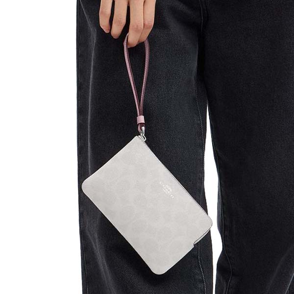 Coach Corner Zip Wristlet In Signature Canvas Silver Chalk Carnation # CAQ75