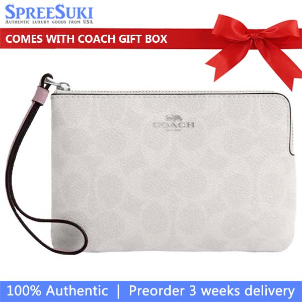 Coach Corner Zip Wristlet In Signature Canvas Silver Chalk Carnation # CAQ75