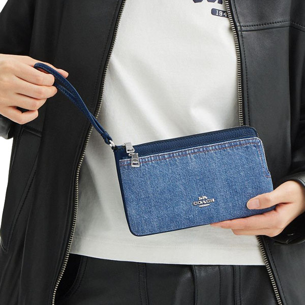 Coach Double Zip Wallet Silver Indigo # CAP24