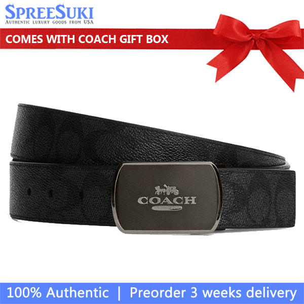 Coach Men Plaque Buckle Cut To Size Reversible Belt, 38 Mm Gunmetal Charcoal Black # CY943