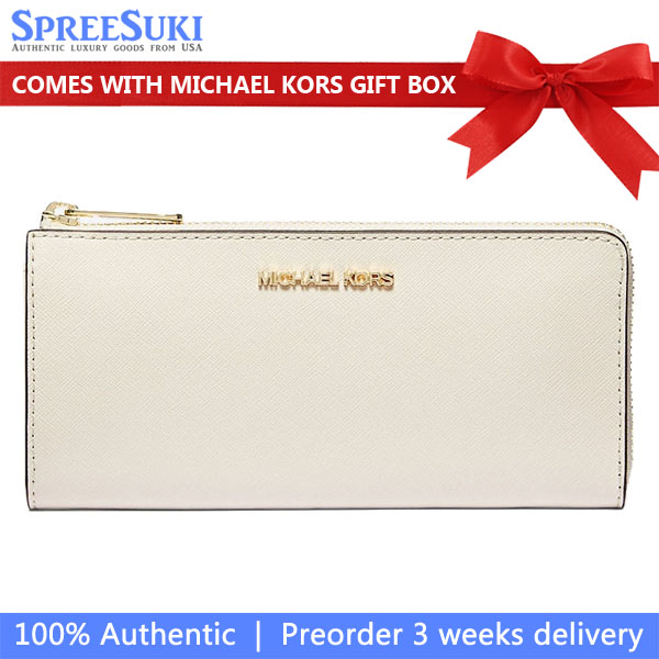 Michael Kors Jet Set Travenuel Large Saffiano Leather Quarter-Zip Wallet Lt Cream # 35T6GTVE3L