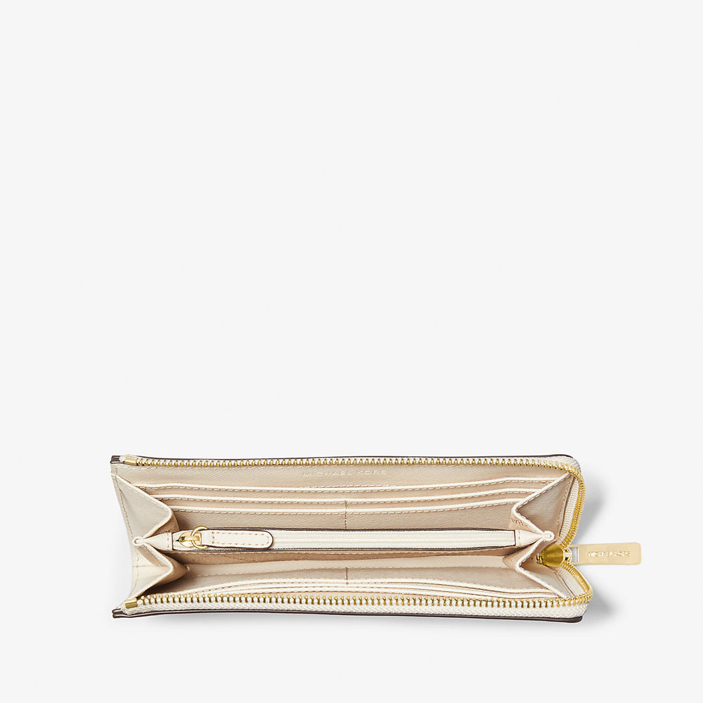 Michael Kors Jet Set Travenuel Large Saffiano Leather Quarter-Zip Wallet Lt Cream # 35T6GTVE3L