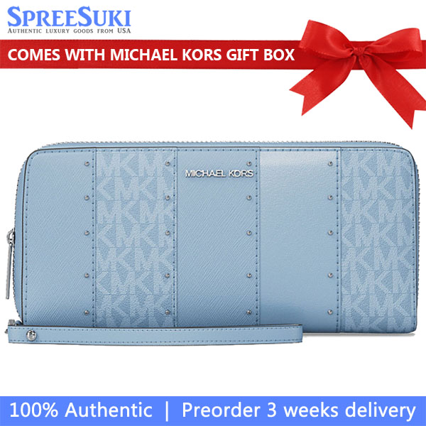 Michael Kors Jet Set Large Studded Patchwork And Signature Logo Continental Wallet Lt Sky Mlt # 35T5STVE7B