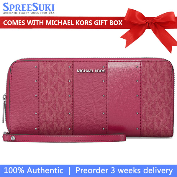 Michael Kors Jet Set Large Studded Patchwork And Signature Logo Continental Wallet Dark Raspberry Multi # 35T5STVE7B