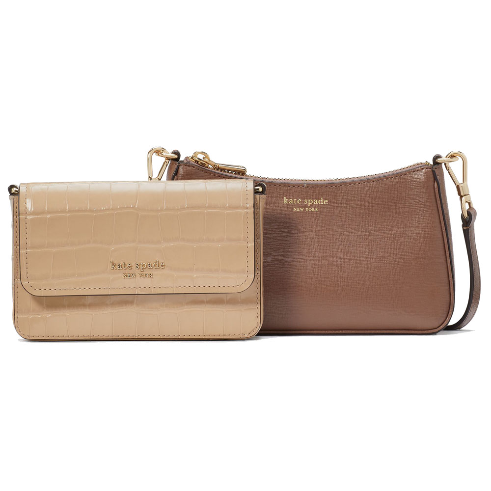 Kate Spade Double Up Croc Embossed Crossbody Warm Acorn Multi # KH148