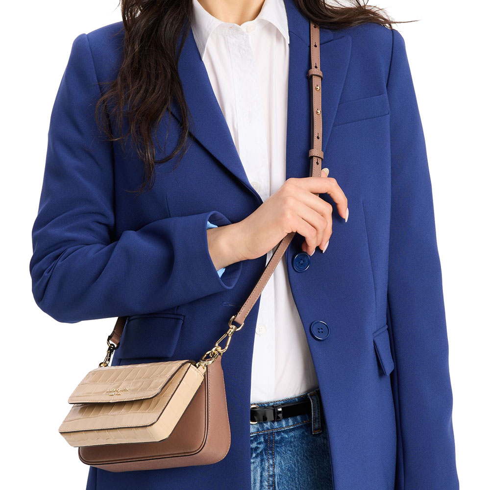 Kate Spade Double Up Croc Embossed Crossbody Warm Acorn Multi # KH148