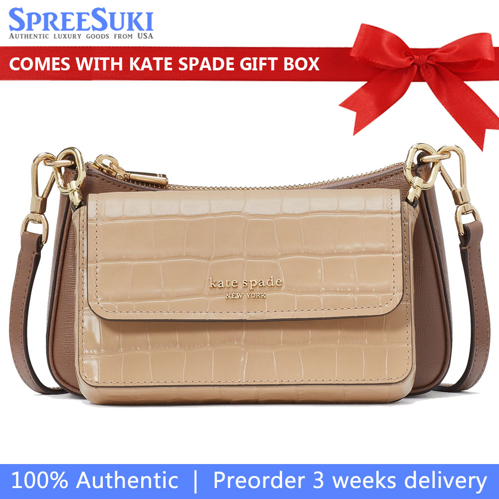 Kate Spade Double Up Croc Embossed Crossbody Warm Acorn Multi # KH148