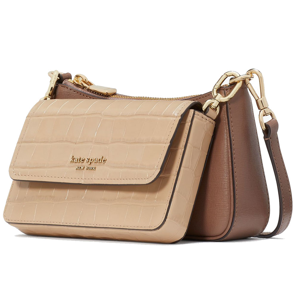 Kate Spade Double Up Croc Embossed Crossbody Warm Acorn Multi # KH148