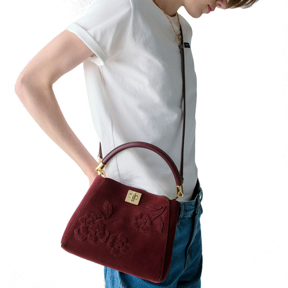 Kate Spade Phoebe Suede Floral Applique Small Top Handle Satchel Dark Merlot # KM152