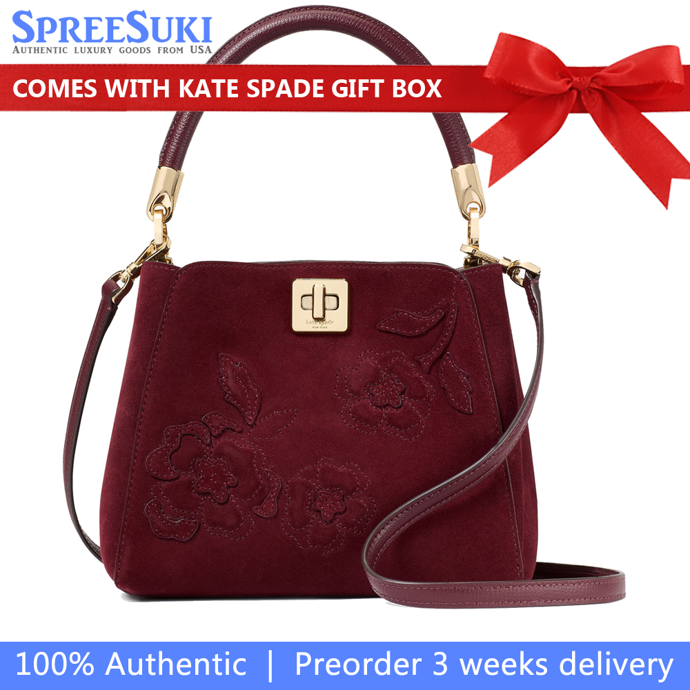 Kate Spade Phoebe Suede Floral Applique Small Top Handle Satchel Dark Merlot # KM152