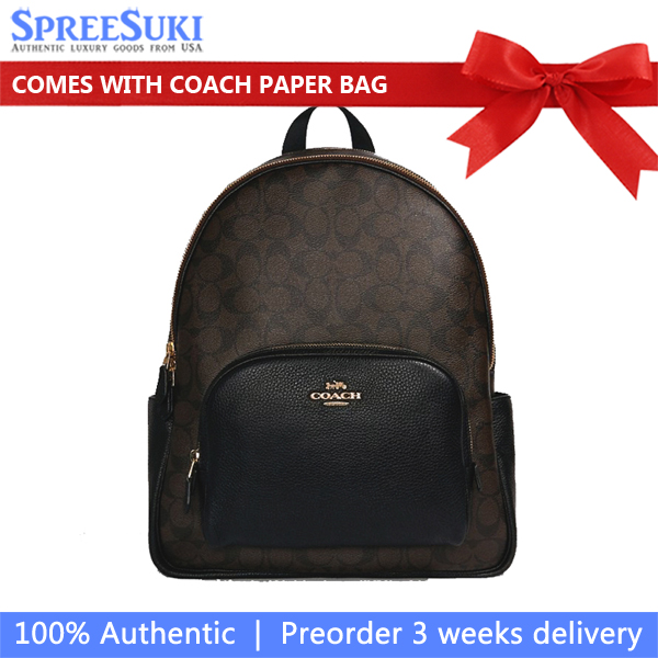 Coach Large Backpack Signature Large Court Backpack Walnut Brown Black # CZ175