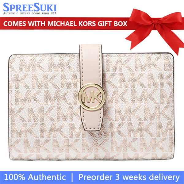 Michael Kors Greenwich Medium Signature Logo Zip-Around Wallet Optic White Rose Gold # 35T5GGRE8V