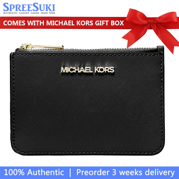 Michael Kors Jet Set Travel Small Top Zip Leather Coin Pouch With Id Black # 35F7GTVU1L