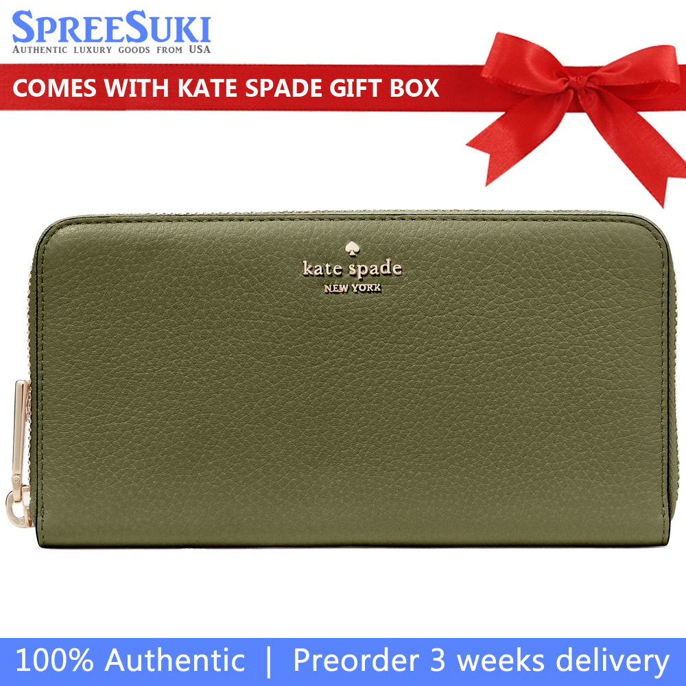 Kate Spade Long Wallet Lena Pebbled Leather Large Continental Wallet Zip Around Enchanted Green # KH786