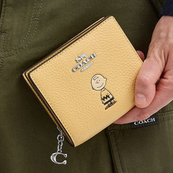 Coach Coach X Peanuts Snap Wallet With Charlie Brown Silver Hay Multi # CBN90