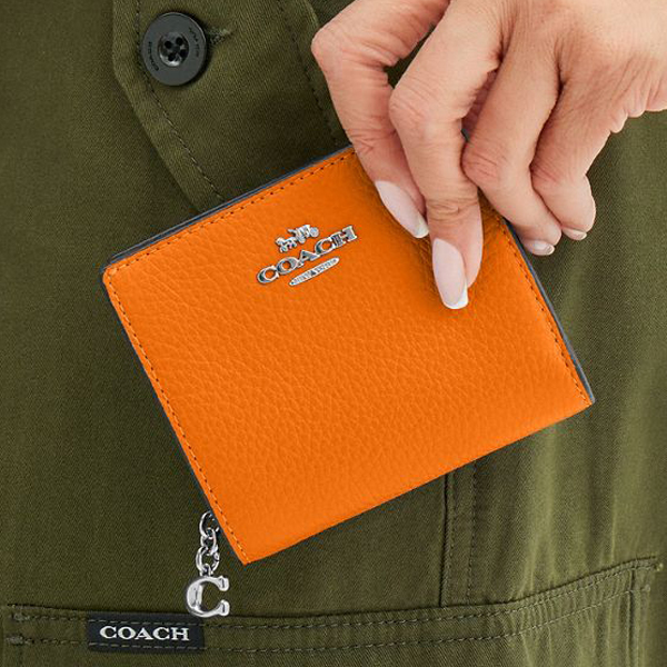 Coach Small Wallet Pebble Leather Snap Wallet Silver Bright Mandarin # C2862