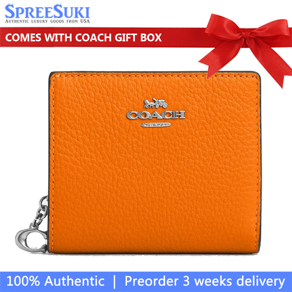 Coach Small Wallet Pebble Leather Snap Wallet Silver Bright Mandarin # C2862