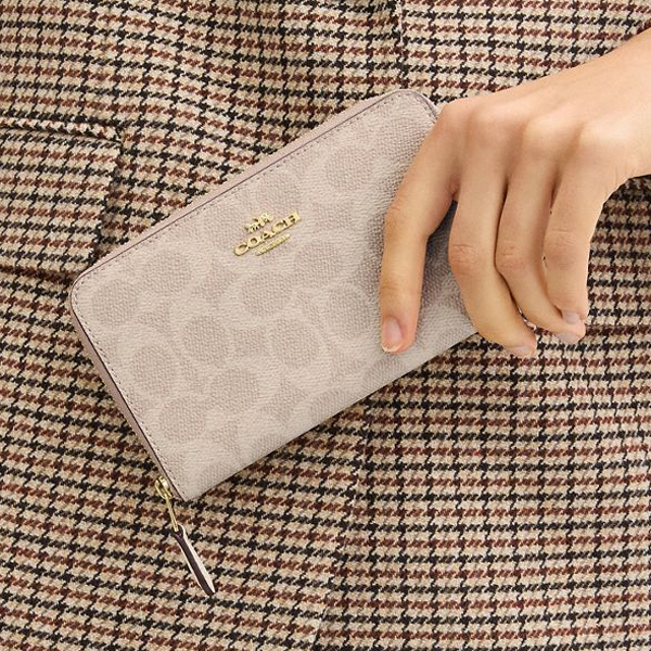 Coach Medium Wallet Medium Id Zip Signature Canvas Zip Around Sand Chalk # CW781