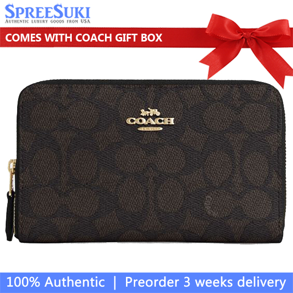 Coach Medium Wallet Medium Id Zip Signature Canvas Zip Around Walnut Black # CW781