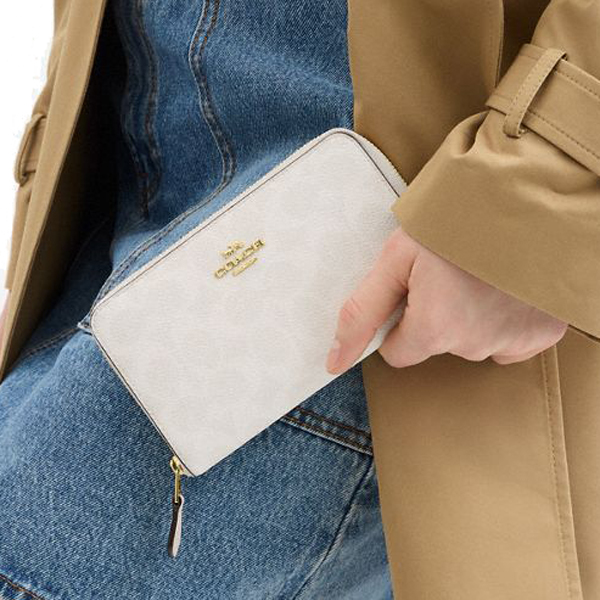 Coach Medium Wallet Medium Id Zip Signature Canvas Zip Around White Chalk # CW781