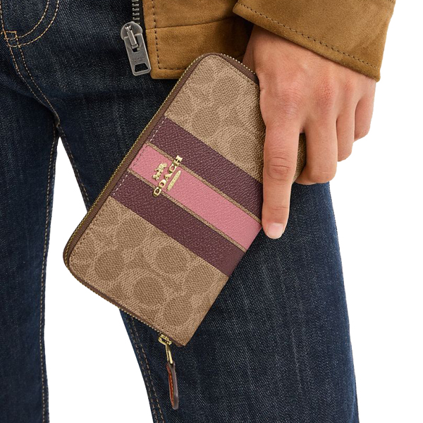 Coach Medium Id Zip Wallet In Signature Canvas With Varsity Stripe Tan Multi # CBO79