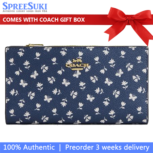 Coach Slim Zip Wallet With Floral Print Deep Blue Multi # CBO24