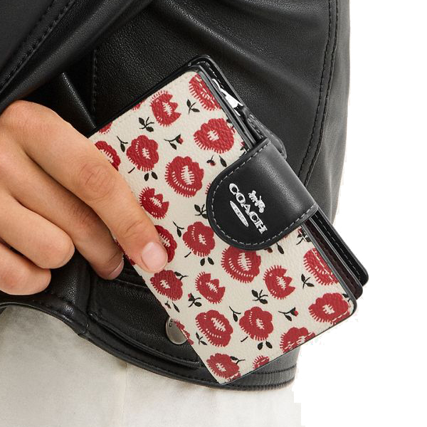 Coach Medium Corner Zip Wallet With Floral Print Silver Chalk Black Multi # CBO38
