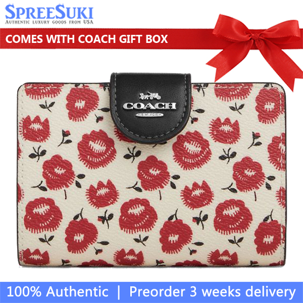 Coach Medium Corner Zip Wallet With Floral Print Silver Chalk Black Multi # CBO38