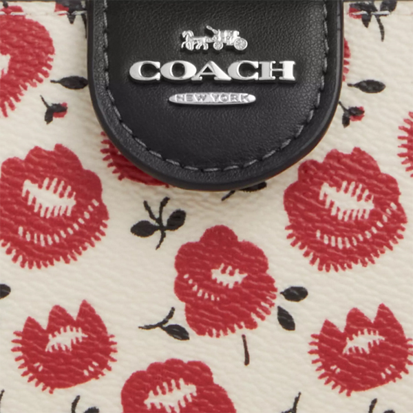Coach Medium Corner Zip Wallet With Floral Print Silver Chalk Black Multi # CBO38