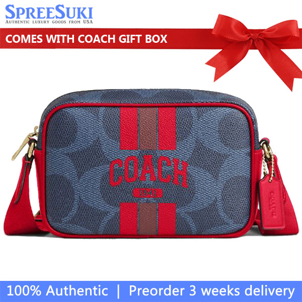 Coach Mini Jamie Camera Bag In Signature Canvas With Varsity Stripe Denim Bold Red # CBM36