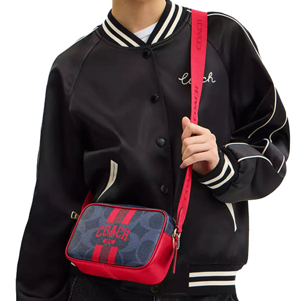 Coach Mini Jamie Camera Bag In Signature Canvas With Varsity Stripe Denim Bold Red # CBM36