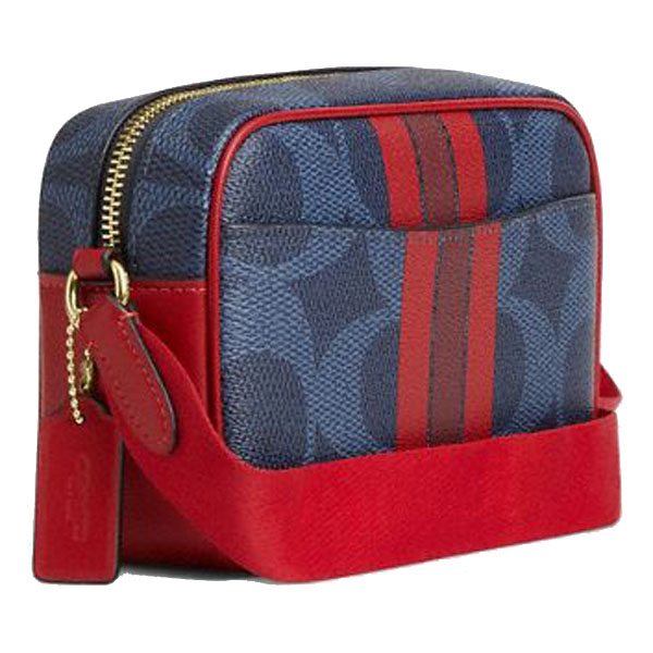 Coach Mini Jamie Camera Bag In Signature Canvas With Varsity Stripe Denim Bold Red # CBM36