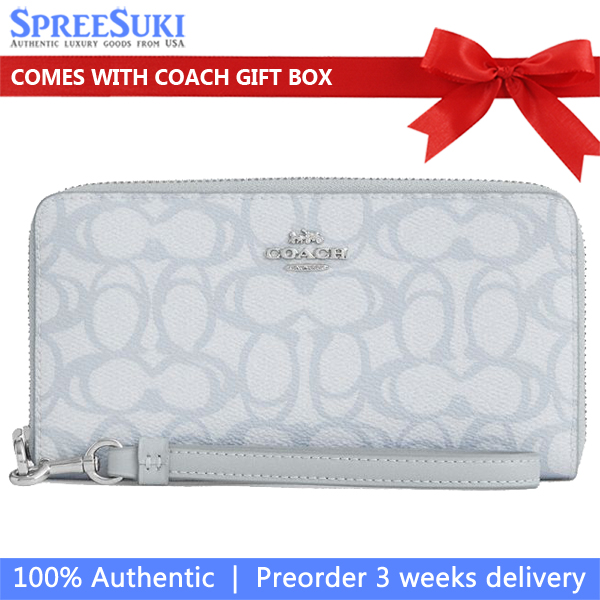 Coach Long Zip Around Wallet In Sketch Signature Canvas Silver Ice Blue # CBO02