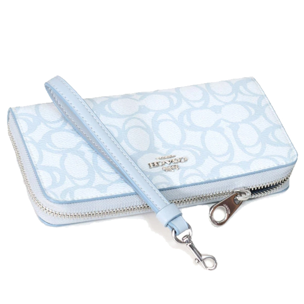 Coach Long Zip Around Wallet In Sketch Signature Canvas Silver Ice Blue # CBO02