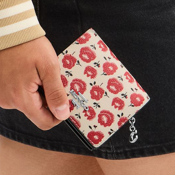 Coach Snap Wallet With Floral Print Silver Chalk Black Multi # CBO76