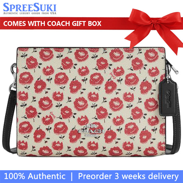 Coach Slim Crossbody Bag With Floral Print Silver Chalk Black Multi # CBM35