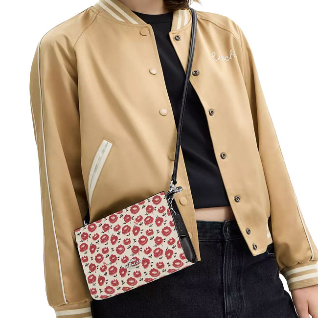 Coach Slim Crossbody Bag With Floral Print Silver Chalk Black Multi # CBM35