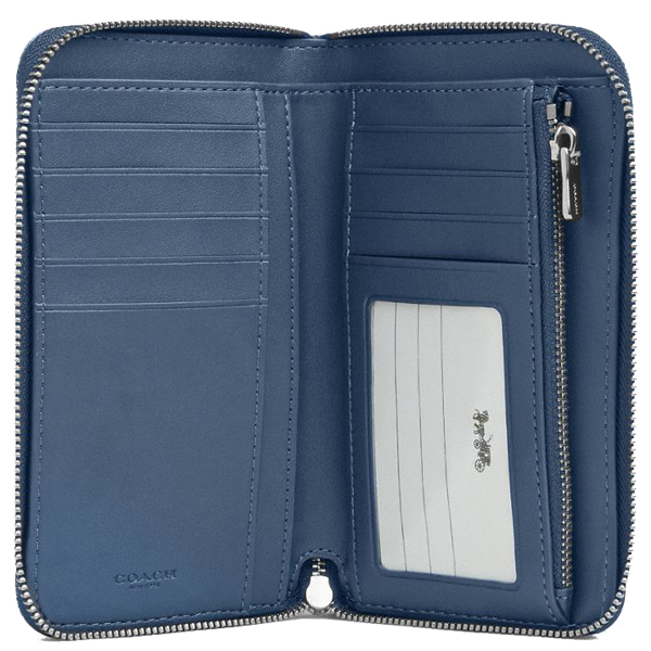 Coach Card Holder Wallet In Signature Medium Id Zip Wallet With Quilting Silver Indigo # CAP29