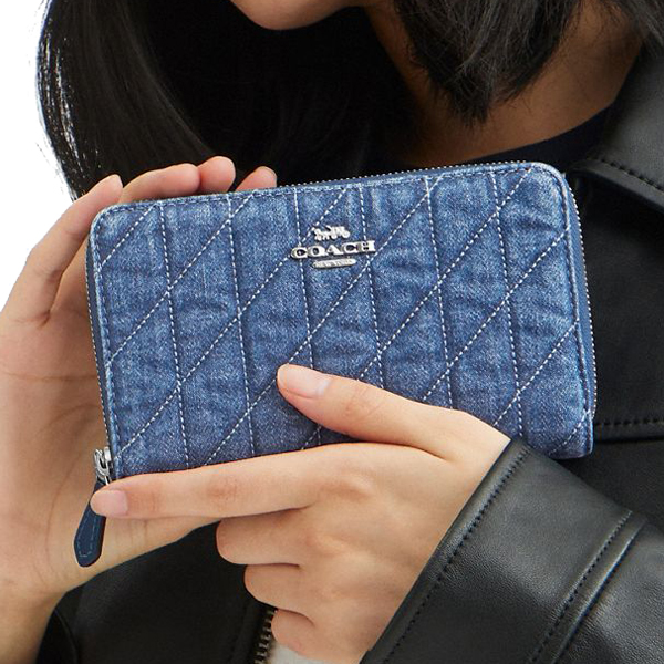 Coach Card Holder Wallet In Signature Medium Id Zip Wallet With Quilting Silver Indigo # CAP29