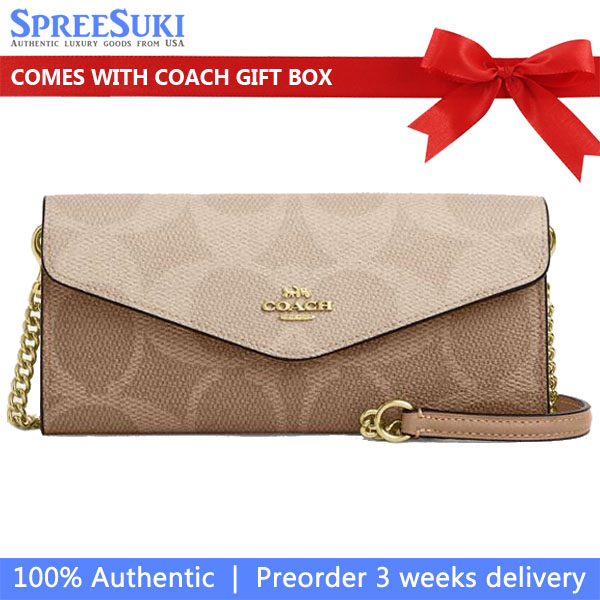 Coach Klare Wallet With Chain In Blocked Signature Canvas Sand Tan # CBI21