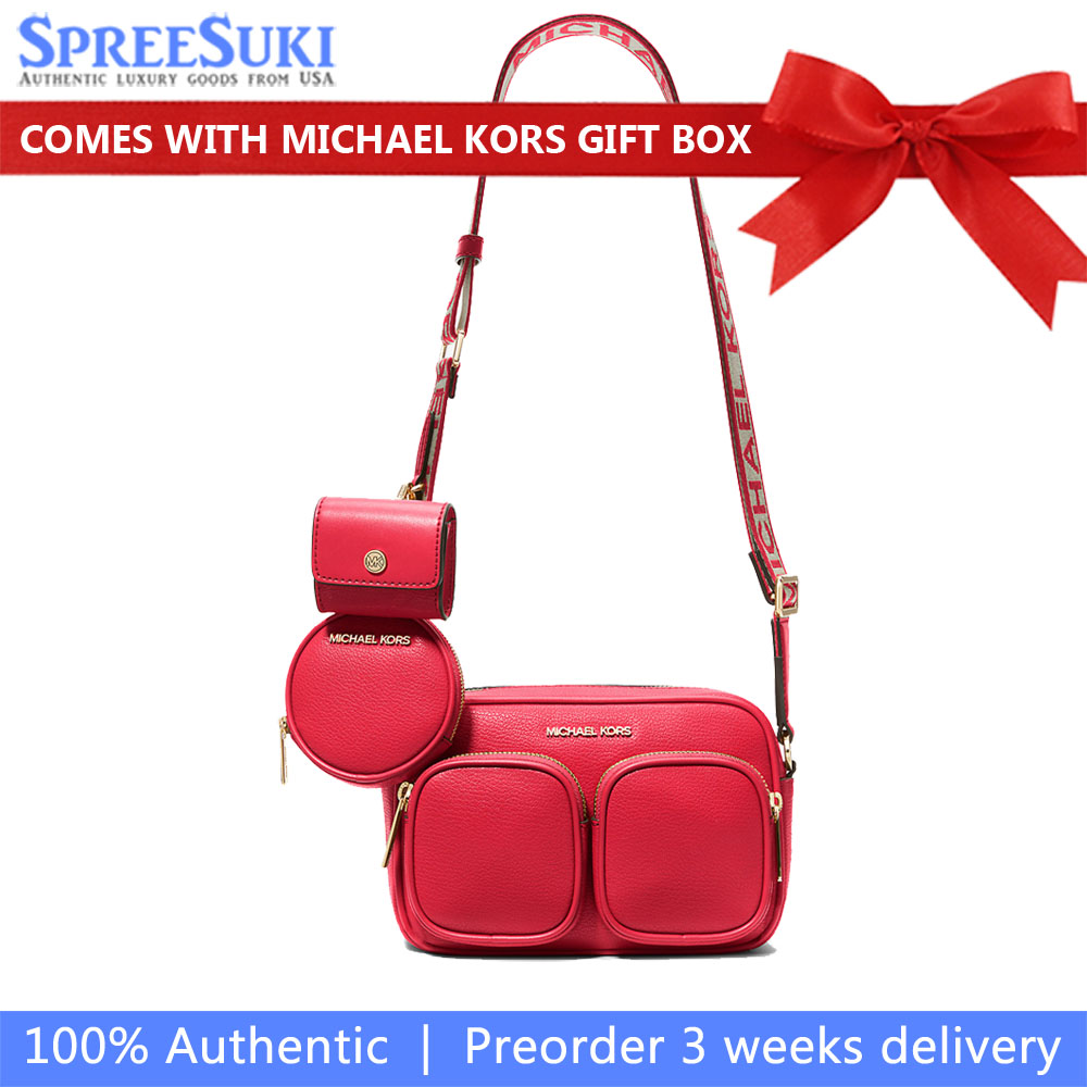 Michael Kors Jet Set Medium Leather Crossbody Bag With Case For Apple Airpods Pro® Bright Red # 35S2GTTC6L