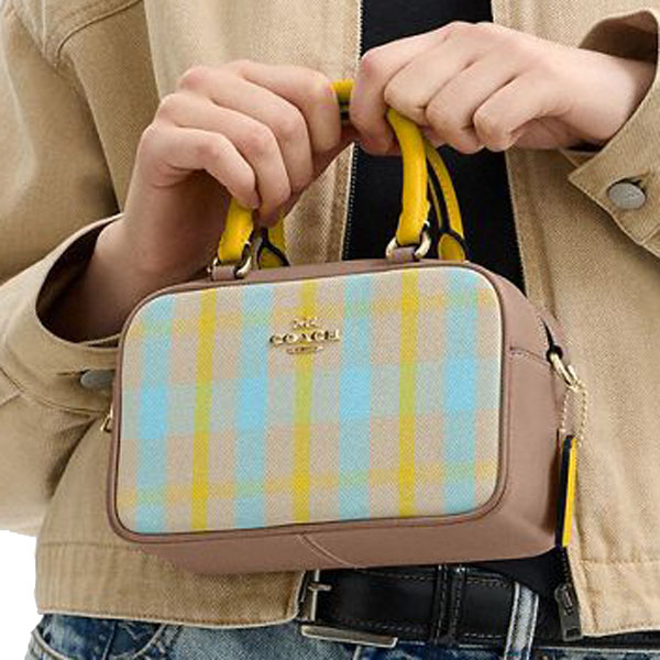 Coach Satchel Crossbody Bag With Plaid Print Bright Maize Multi # CBI90