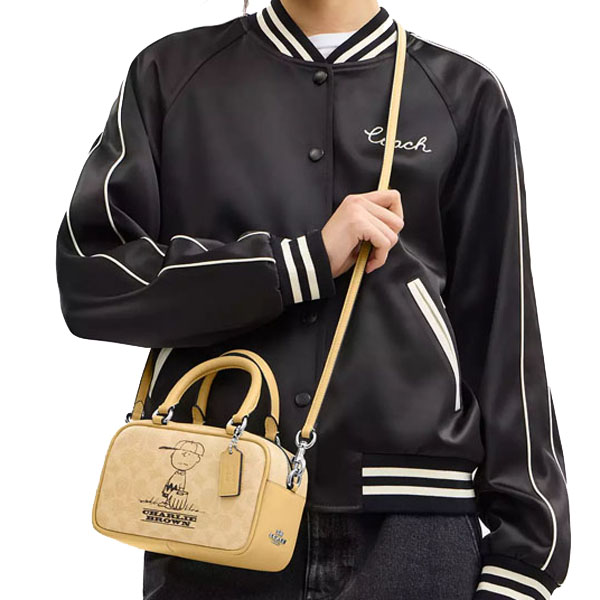 Coach Coach X Peanuts Satchel Crossbody Bag In Signature Canvas With Charlie Brown Silver Hay Multi # CBJ63
