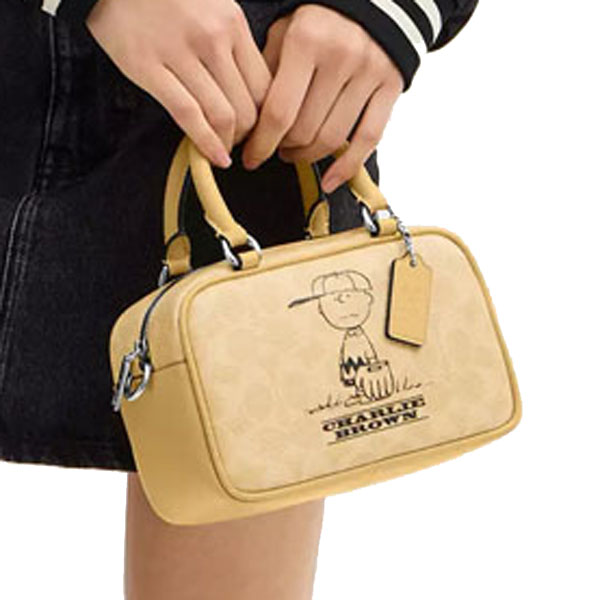 Coach Coach X Peanuts Satchel Crossbody Bag In Signature Canvas With Charlie Brown Silver Hay Multi # CBJ63