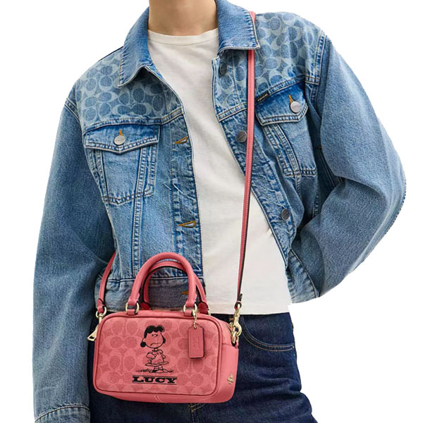 Coach Coach X Peanuts Satchel Crossbody Bag In Signature Canvas With Lucy Bright Coral Multi # CBJ62